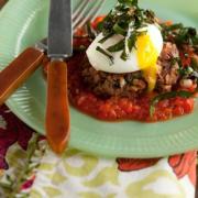 Ham and Black Eyed Pea Cake with a Roasted Red Pepper Sauce